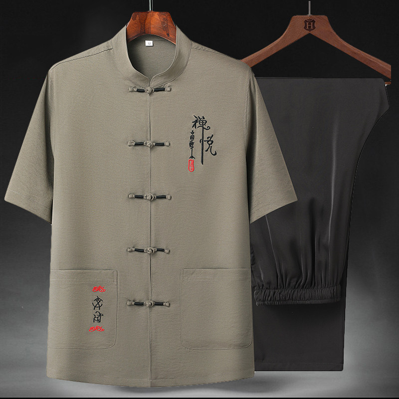 T208P55中老年太极服风棉麻套装夏季刺绣唐装居士服汉服爷爷,男装民族服装,星座1108-2