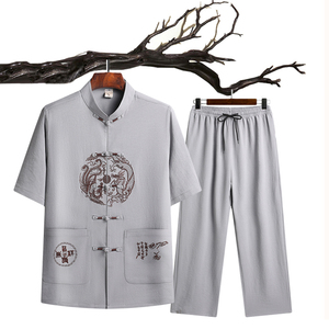 T211P40特批中老年人唐装爸爸装风刺绣夏季汉服爷爷套装