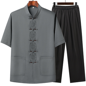 T209P42夏季风棉麻套装刺绣唐装居士服汉服爷爷太极服爸爸装图片