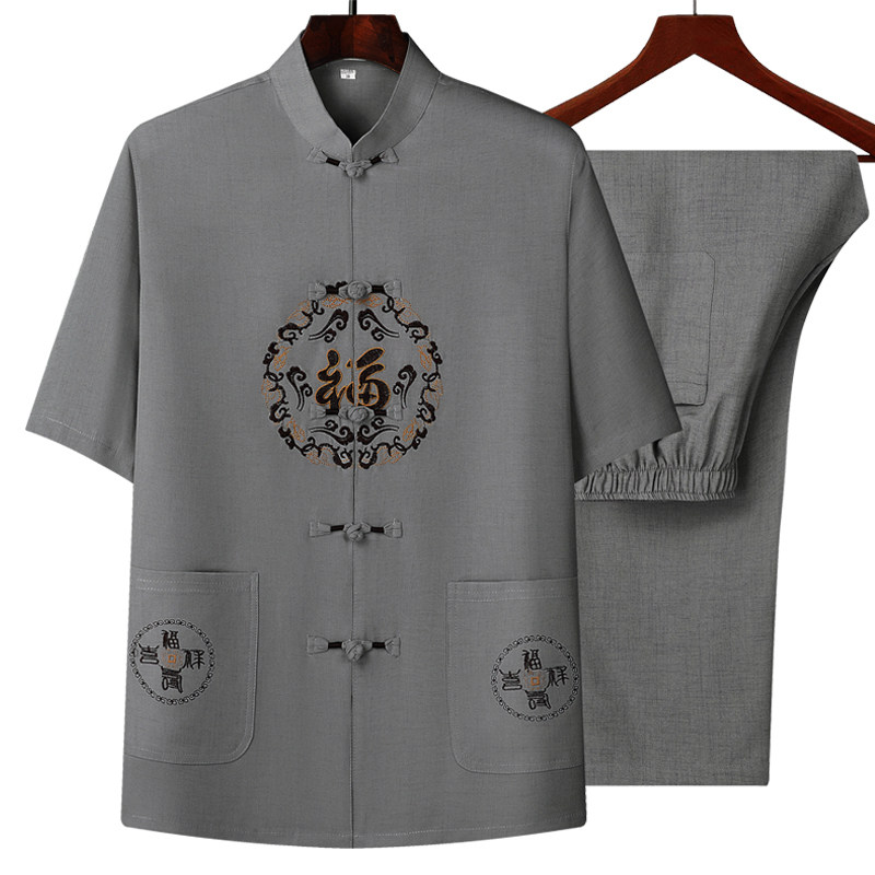 T222P80风爸爸装冰丝中老年套装唐装居士服汉服爷爷短袖衣服,男装民族服装,星座1108-2