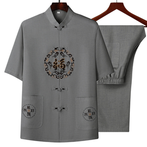 T222P80风爸爸装冰丝中老年套装唐装居士服汉服爷爷短袖衣服图片