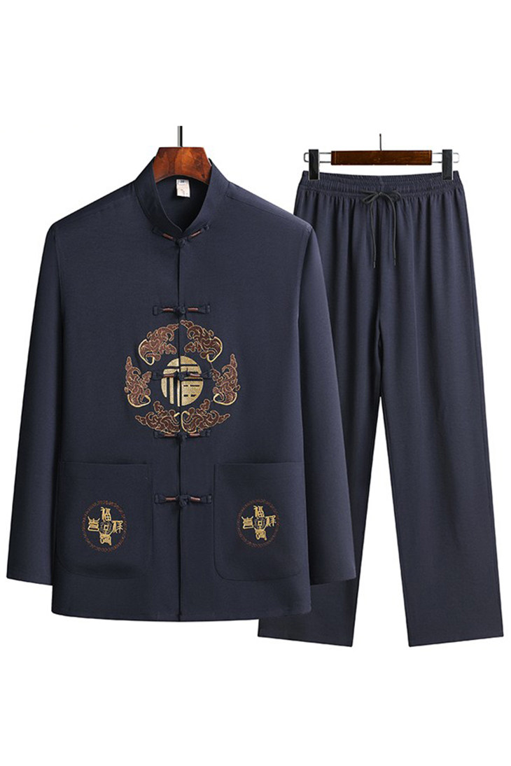 C201P48主推中老年男装爷爷装长袖唐装秋季爸爸装风麻丝套装,男装民族服装,星座1108-2