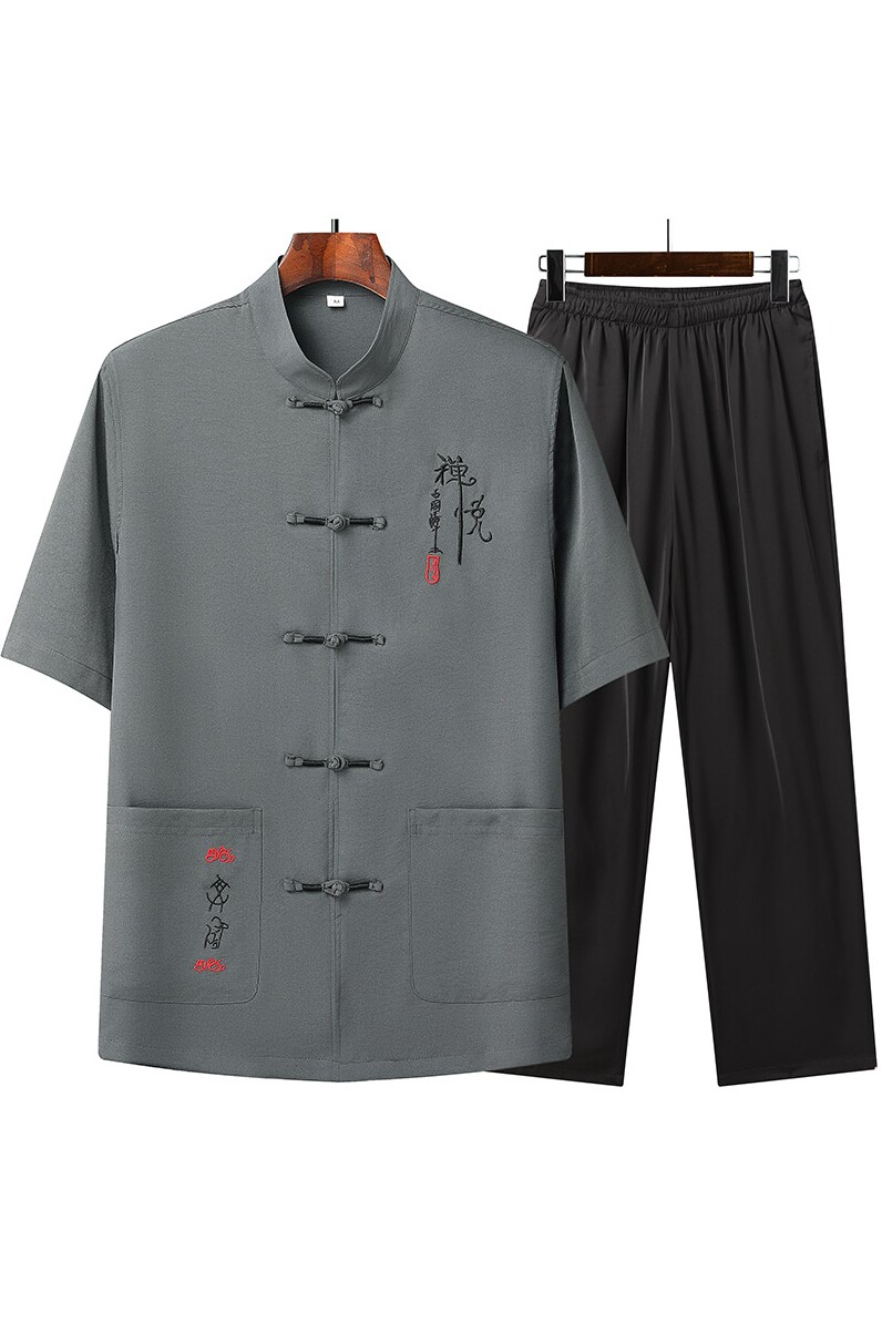 T208P55爸爸装风棉麻套装夏季刺绣唐装居士服汉服爷爷太极服,男装民族服装,星座1108-2
