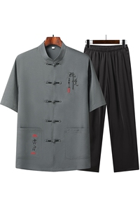 T208P55爸爸装风棉麻套装夏季刺绣唐装居士服汉服爷爷太极服图片