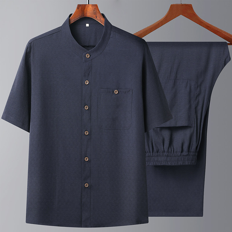 T207P85风爸爸装棉麻中老年套装唐装居士服汉服爷爷短袖衣服,男装民族服装,星座1108-2