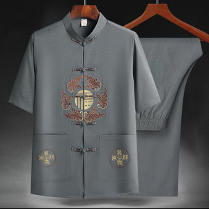 T201P40夏季爷爷短袖套装中老年唐装套装爸爸装风居士服汉服图片