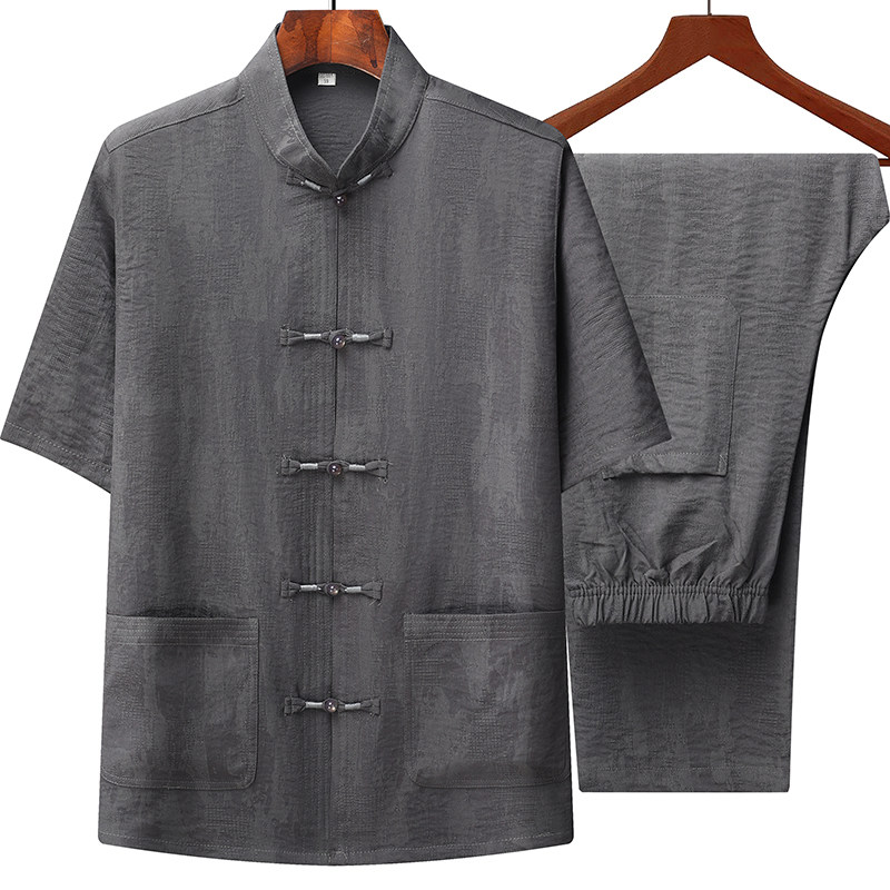 T227P100风爸爸装冰丝中老年套装唐装居士服汉服爷爷短袖衣服,男装民族服装,星座1108-2