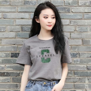 夏季 宽松薄款 灰色t恤女短袖 2023新款 纯色显瘦棉上衣 打底衬衫 夏装