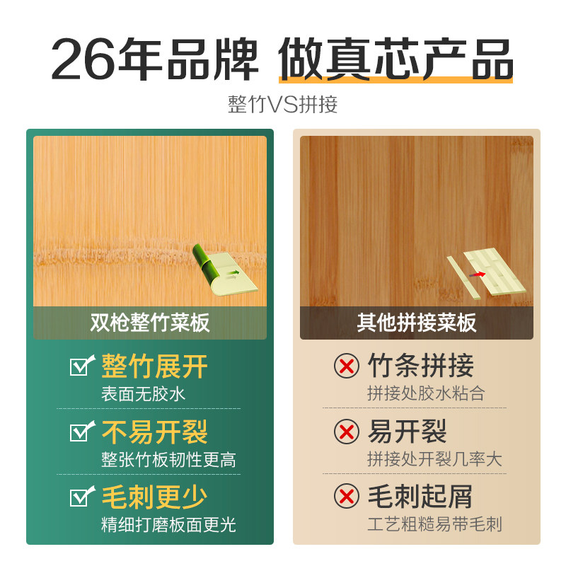 双枪菜板整竹家用切菜蒸板抗菌防霉刀板厨房案板无胶占板实木砧板