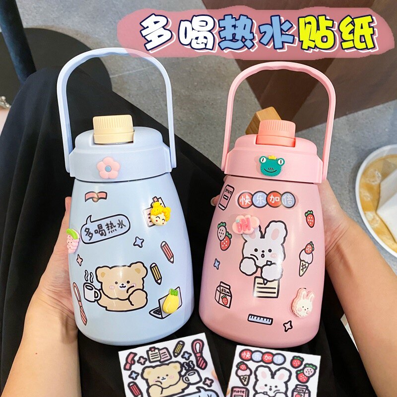 呆萌粉色大肚杯小兔多喝热水水杯目标贴纸杯子贴纸防水3d小熊贴纸