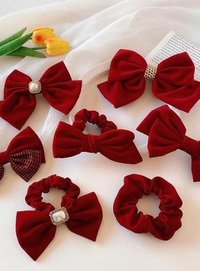 高级感红色丝绒蝴蝶结发夹女后脑勺珠珠发卡2026新款新年过年头饰