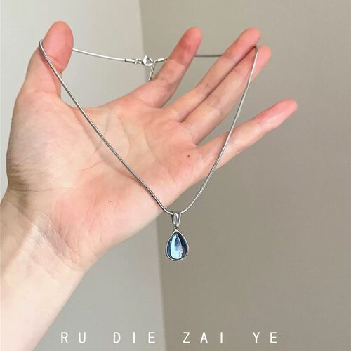 人鱼泪~Vintage古着蓝色水滴项链不掉色钛钢锁骨链