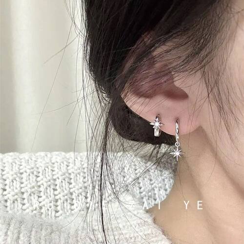 库宁 太阳星星锆石圈圈耳圈双耳洞叠戴百搭耳扣不对称耳饰
