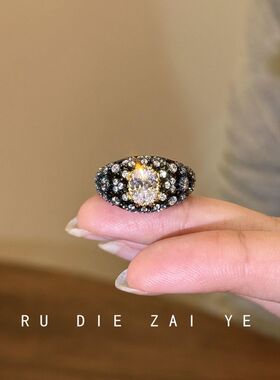 库宁 vintage中古宽面黑色戒指轻奢指高级感椭圆闪钻开口戒