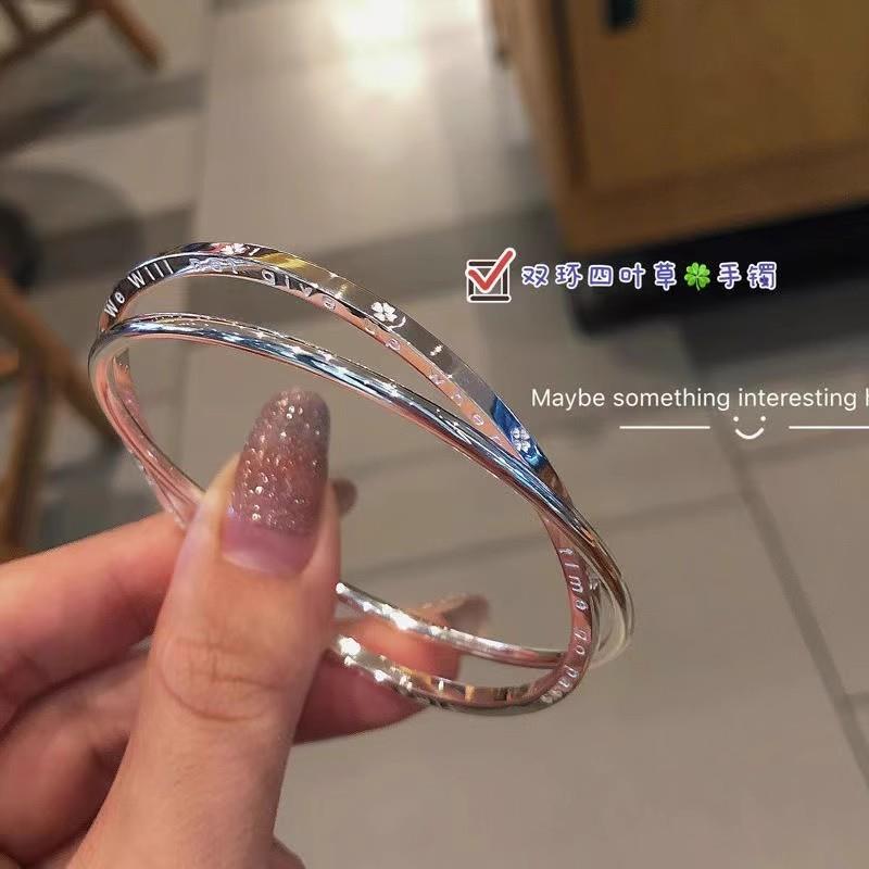 四叶草双环银手镯女999纯银实心足银手环闭口镯子生日礼物送女友