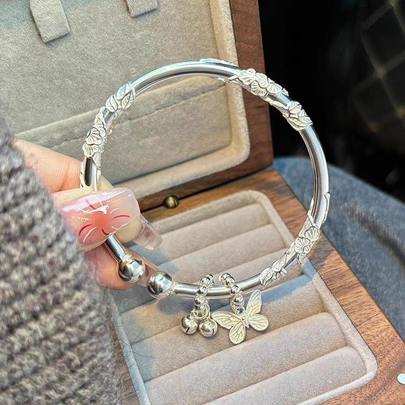 繁花似锦开口银手镯足银999实心推拉银镯子送女友闺蜜生日礼物