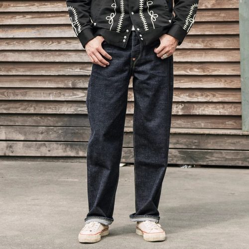 钮扣长裤原色赤耳丹宁牛仔裤直筒