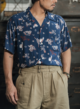 Non Stock 50s西部牛仔Bandana花型RAYON人棉古巴领ALOHA短袖衬衫