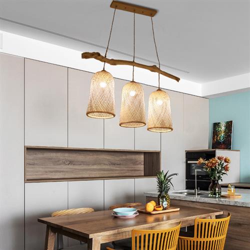 一件代发吊灯新中式禅意茶室灯创意个性三头餐厅树枝灯竹编吊灯