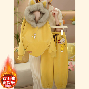 女童加绒卫衣卫裤黄色套装2025新款秋冬加厚一体绒卡通上衣束脚裤
