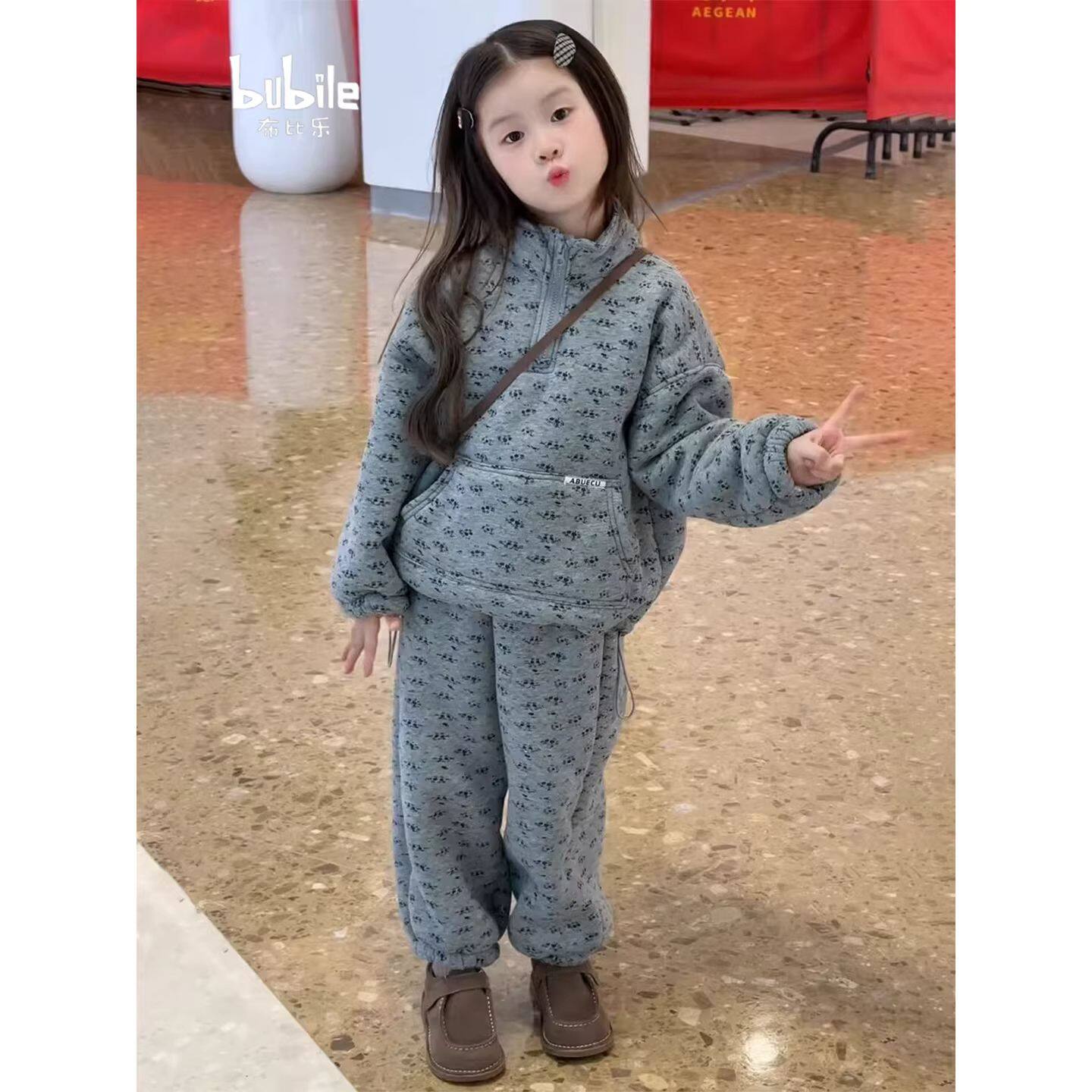 女童韩系加绒加厚碎花运动套装秋冬季2026新款儿童高领卫衣两件套