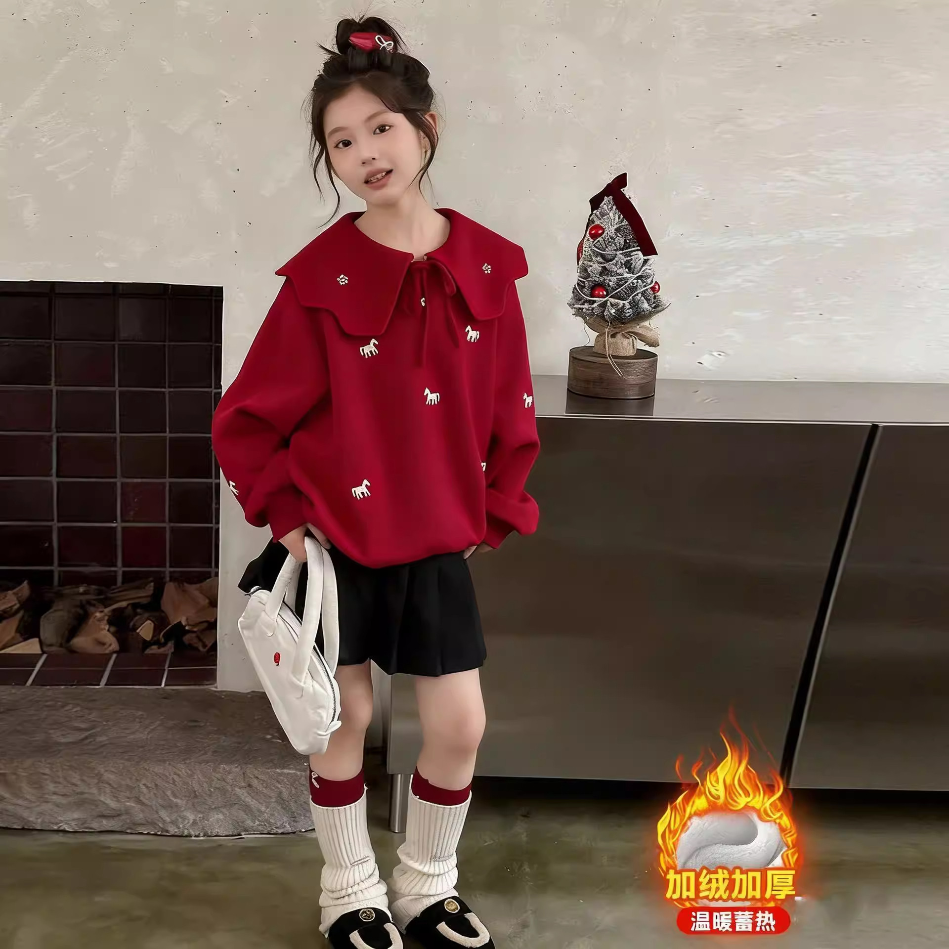 2026新款加绒卫衣本命年红色马年打底时尚拜年长袖保暖T恤娃娃领,童装/婴儿装/亲子装,卫衣/绒衫,淘宝优惠券,粉丝福利购,淘宝优惠卷