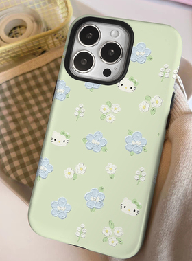 油画碎花凯蒂猫iPhone14二合一菲林适用16plus小众女苹果12/13春夏治愈绿色15promax手机壳iphonex防摔保护xr