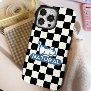 复古棋盘格猫咪iPhone15二合一菲林适用14plus韩系ins苹果12/13简约16promax小众女iphonex防摔保护xr手机壳