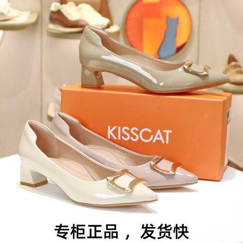 接吻猫粗跟通勤牛漆皮单鞋