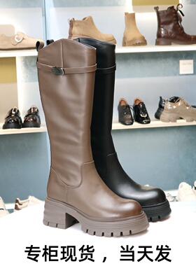 COMELY康莉2025冬季厚底骑士靴真皮复古高筒不过膝长筒靴KKF48891