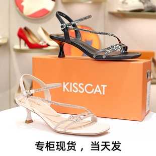 KISSCAT接吻猫2025新中跟露趾水钻带细跟后空女鞋 凉鞋 KA54317