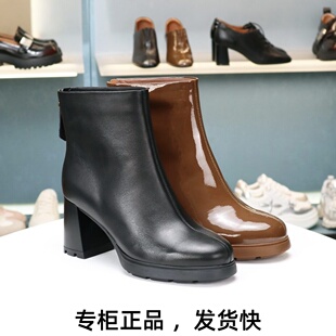 COMELY康莉2025新款法式粗跟短靴牛漆皮后拉链高跟女靴子KYQ48632