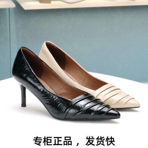 康莉细跟高跟鞋牛皮压褶单鞋