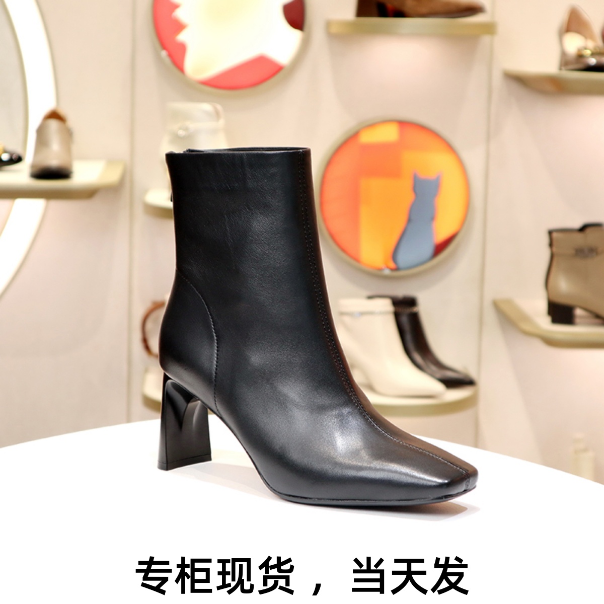 接吻猫羊皮时装靴粗高跟中筒靴