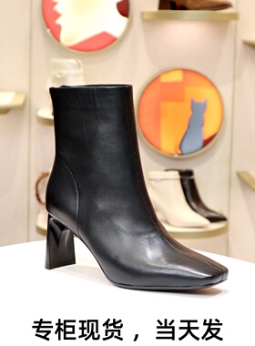 KISSCAT接吻猫2025秋冬法式粗跟羊皮时装靴高跟中筒靴KA54725-10