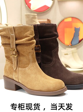 KISSCAT接吻猫2025西部靴游牧风堆堆靴牛仔靴套筒短靴KA65726-51