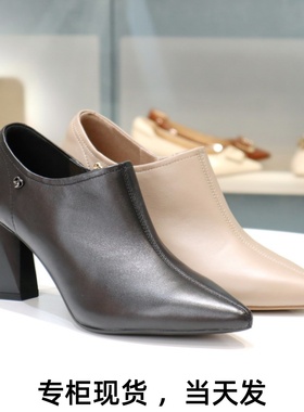 COMELY康莉2025粗跟羊皮高跟鞋深口尖头女鞋单鞋KYQ56560DU01CM5