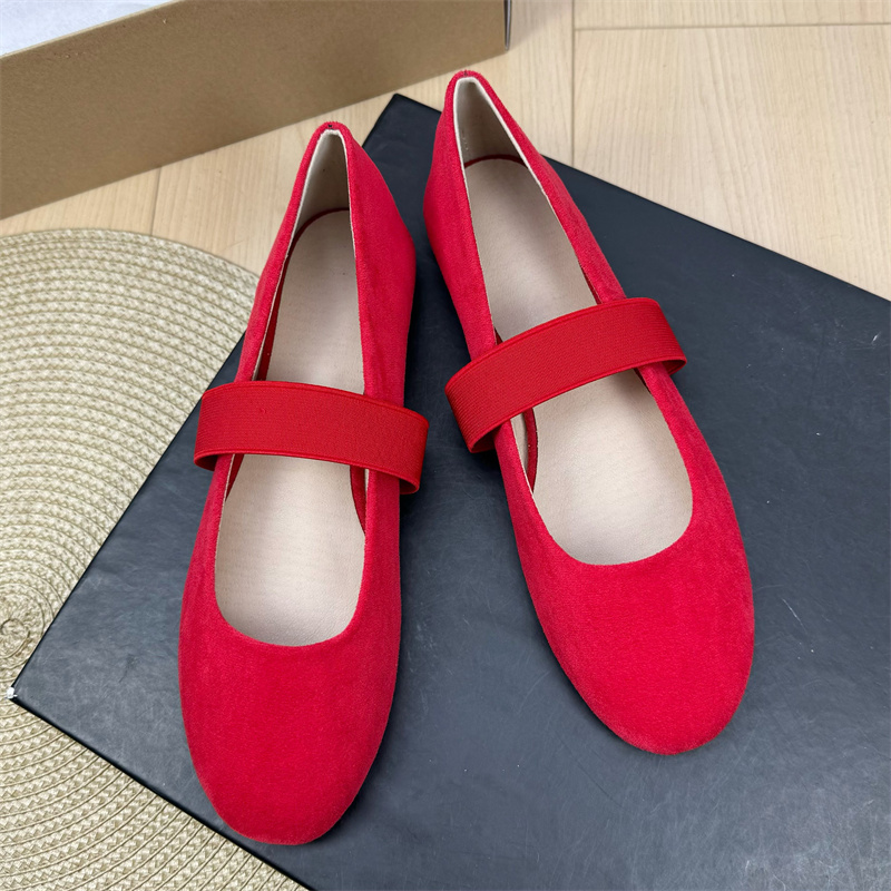 绒面圆头浅口绊带平底芭蕾舞单鞋