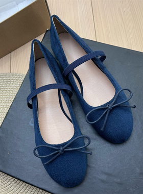 法式绒面一字带芭蕾舞鞋女蓝色圆头蝴蝶结平底鞋浅口单鞋玛丽珍鞋