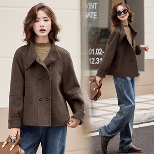 咖色立领短款毛呢外套女2025春秋新款时尚小个子宽松双面羊绒大衣