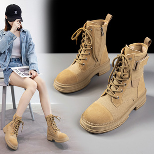 英伦风马丁靴女2022秋冬机车靴新款 花卉百搭女鞋 女靴炸街大黄靴