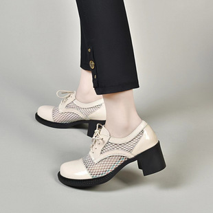 学院风中跟单鞋 圆头小皮鞋 系带粗跟乐福鞋 女2025春夏新款 网纱单鞋