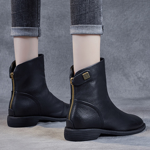 真皮软皮软底舒适低跟平底女士马丁靴女纯皮短靴显瘦女靴子廋廋靴