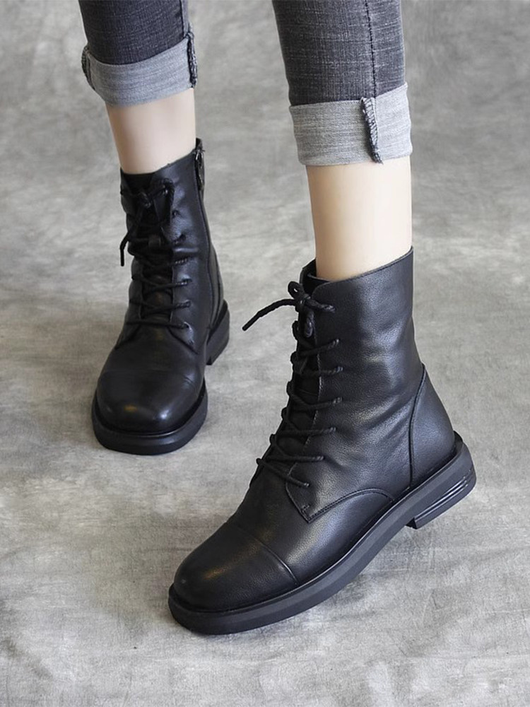 头层牛皮靴子短靴春秋单靴马丁靴女2025新款真皮低帮显瘦女靴女鞋
