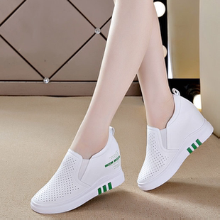 内增高小白鞋女真皮透气女鞋2026新款内增高坡跟一脚蹬懒人休闲鞋