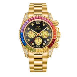 彩虹迪手表男士 表高级满钻腕表潮 商务奢华多功能计时通拿金色男款