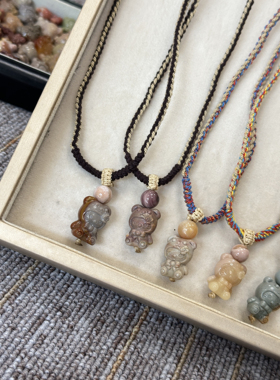 萌货小铺原创手作DIY阿拉善玛瑙小熊kitty手工编织绳项链