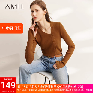 Amii2024春新款 上衣女开叉白色T恤 不对称斜V领外搭长袖 针织衫