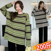 t恤休闲春秋打底外穿百搭200斤 条纹长袖 大码 孕妇上衣2026春秋新款