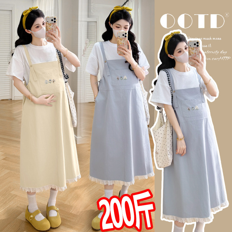 大码孕妇装短袖连衣裙套装夏季2026新款减龄背带裙t恤两件套200斤